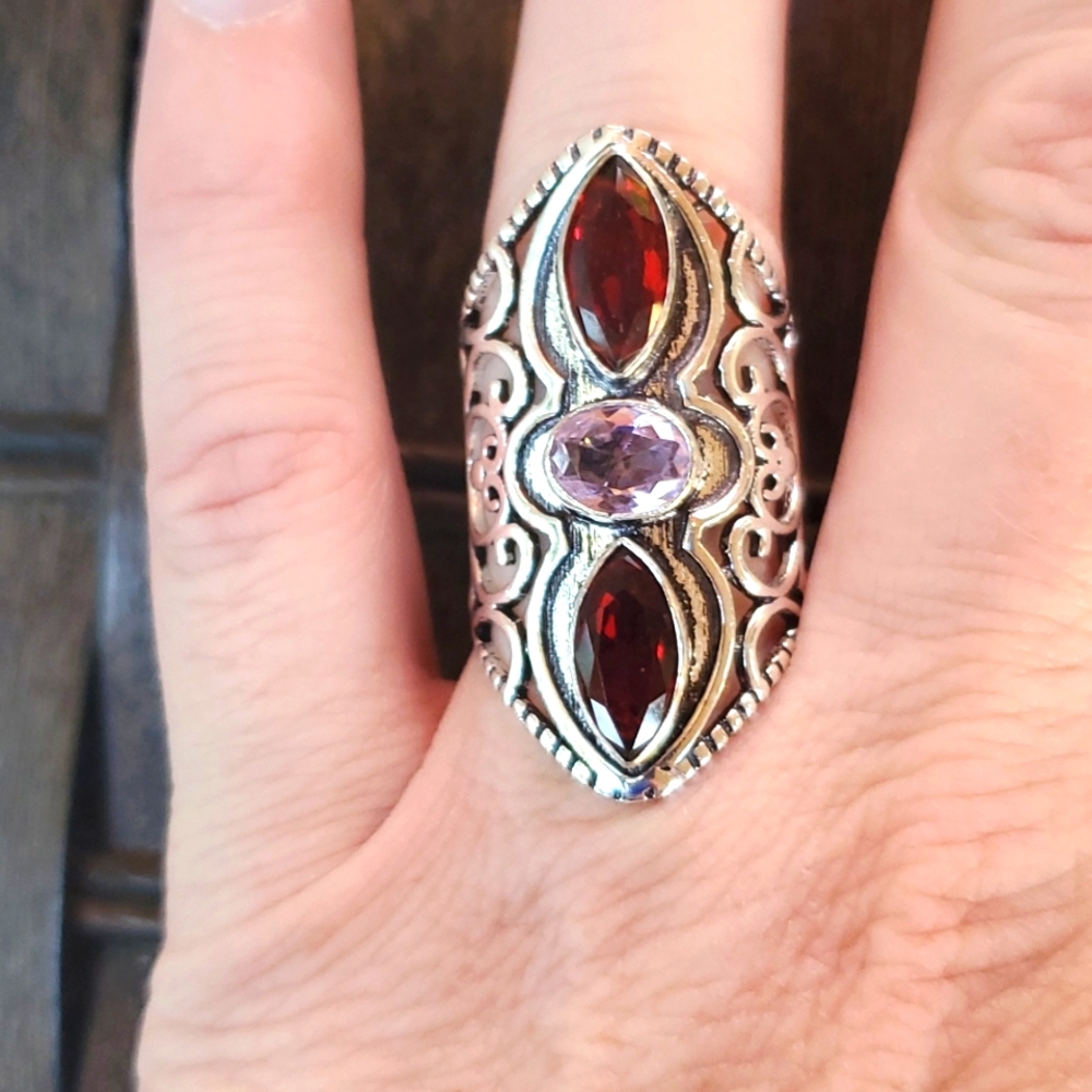 New Garnet & Kunzite 925 Silver Statement Ring.